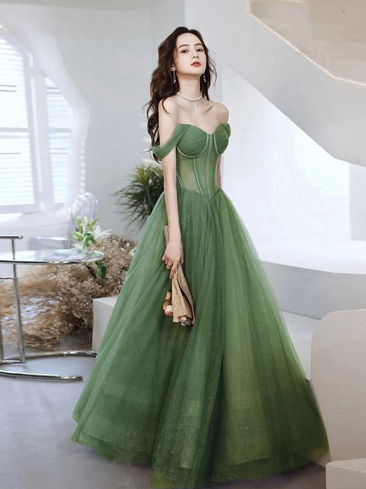 Vestido de fiesta largo de tul con escote en forma de corazón verde, vestido de noche verde fg2625