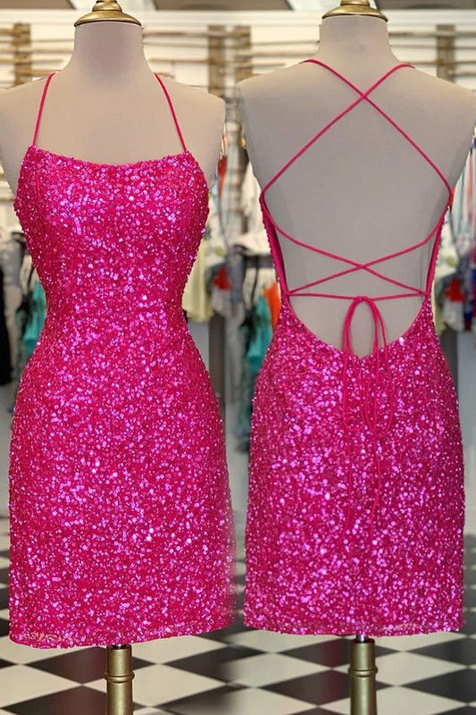 Minivestido ajustado de fiesta con lentejuelas de color rosa neón fg1555