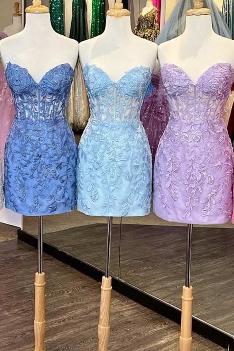 Vestido mini ajustado con apliques, sin tirantes y con cordones para la fiesta de bienvenida fg1532