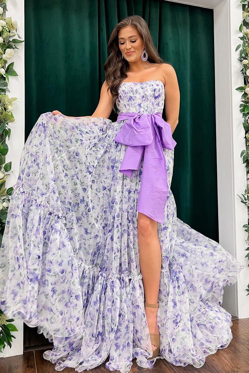 Elegantes vestidos de fiesta largos sin tirantes de gasa con estampado floral y abertura