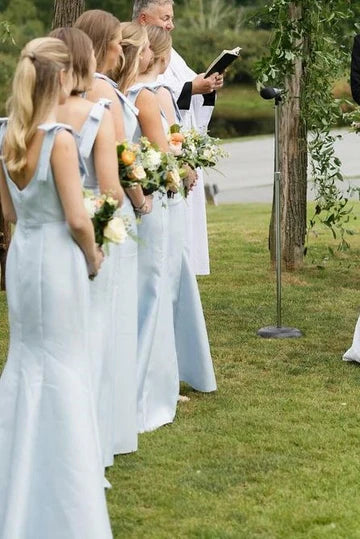 Fairy Sheath Square Neck Light Blue Satin Bridesmaid Dresses with Bow Straps VK24112505