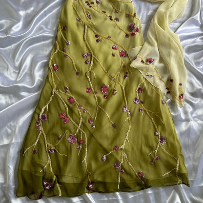 Yellow Green gorgeous exquisite vintage embroidered spaghetti strap long ball gown prom dress evening gown gh2932