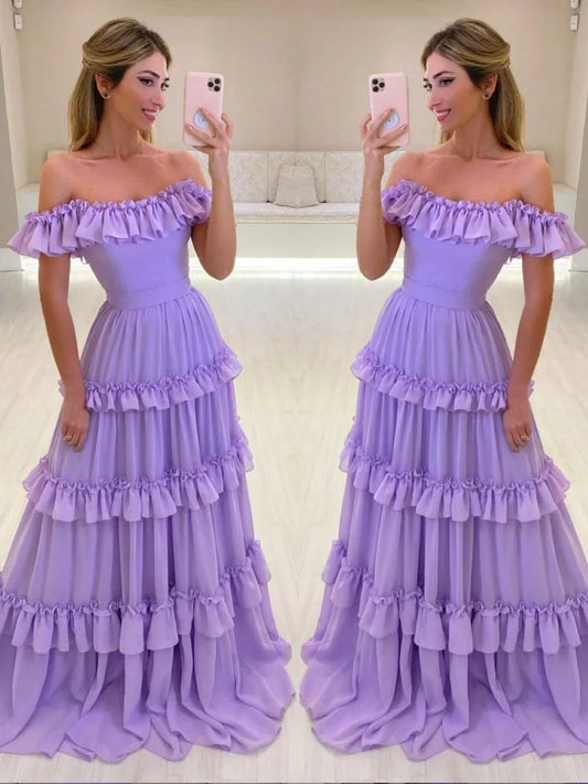 Vestido de fiesta de noche de gasa color lila con hombros descubiertos