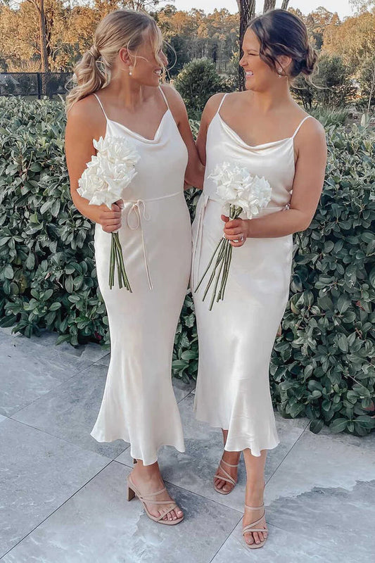 Simple Sheath Cowl Neck Silk Satin Tea Length Bridesmaid Dresses VK24111203