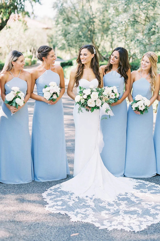 Charming A-Line Halter Sky Blue Chiffon Long Bridesmaid Dresses VK0901001