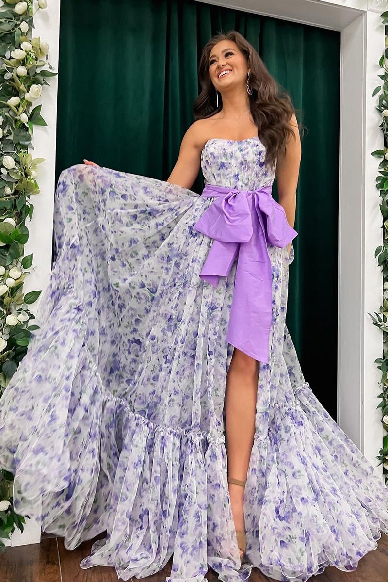 Elegantes vestidos de fiesta largos sin tirantes de gasa con estampado floral y abertura