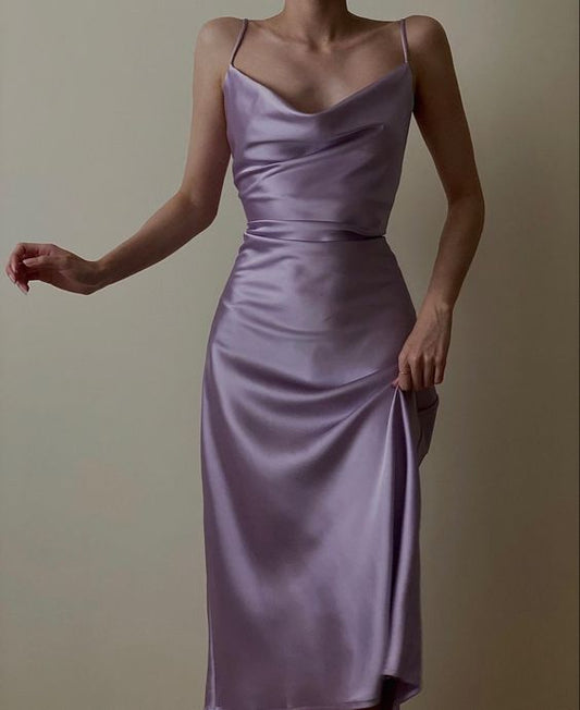 vestidos de noche morados, vestidos de fiesta ajustados de satén con tirantes finos fg5357