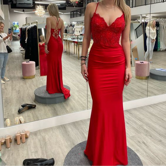 Vestidos de fiesta rojos con escote en V y vestido de noche largo fg4893