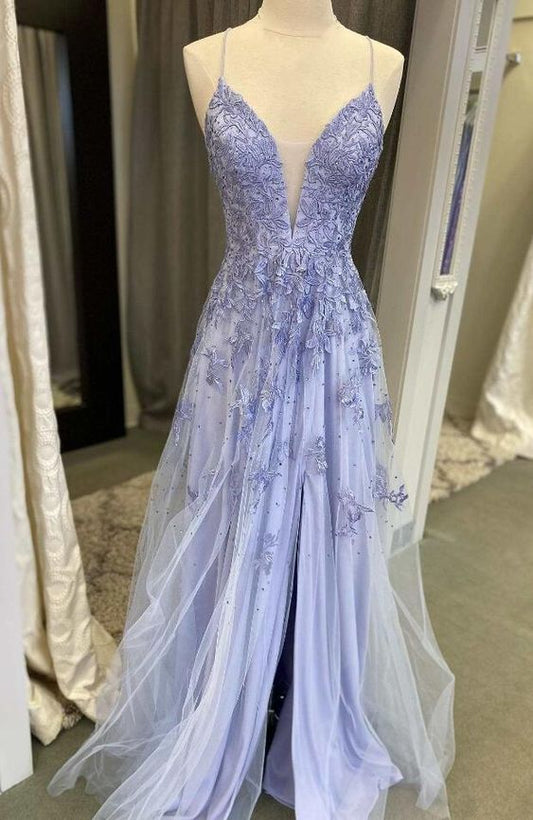 Vestido de fiesta con escote en V, encaje floral y corte en A con abertura fg4824