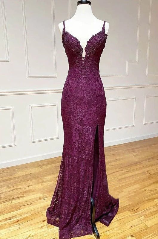 Vestido de fiesta largo de sirena/trompeta con tirantes finos, encaje de uva y cuentas, vestido de noche formal fg4801