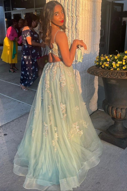 Vestido de fiesta largo de encaje con escote en V verde, vestido de noche de corte A con abertura fg4833