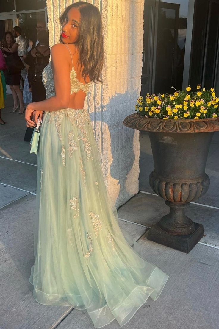 Vestido de fiesta largo de encaje con escote en V verde, vestido de noche de corte A con abertura fg4833