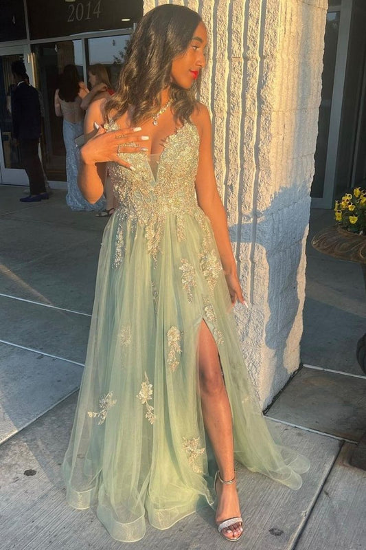 Vestido de fiesta largo de encaje con escote en V verde, vestido de noche de corte A con abertura fg4833