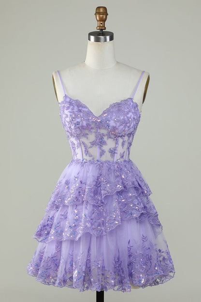 Vestido de fiesta con capas, corsé y lentejuelas color lavanda con tirantes fg3729