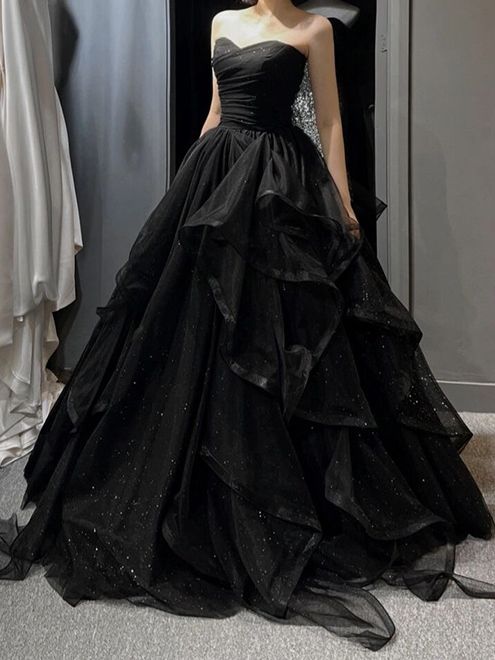 Vestido de fiesta negro irregular de cintura alta sin mangas fg3801