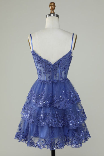Vestido de fiesta con capas, corsé y lentejuelas color lavanda con tirantes fg3729
