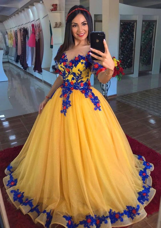 Vestidos de noche con lentejuelas amarillas, vestidos de noche con encaje y flores 3D, vestidos de noche formales de princesa de manga corta para mujer fg4105