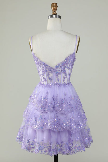 Vestido de fiesta con capas, corsé y lentejuelas color lavanda con tirantes fg3729