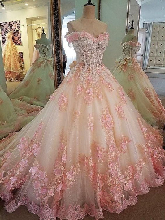Vestidos de fiesta de encaje rosa con flores para 16 años, vestido de fiesta con hombros descubiertos, elegante vestido de fiesta de lujo con cuentas fg4334
