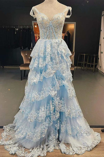 Vestido de fiesta largo con escote en forma de corazón y encaje azul claro con abertura fg4197