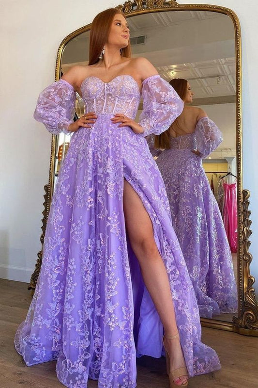 Vestido de fiesta largo de encaje con mangas abullonadas y bustier color lavanda de princesa brillante fg3266