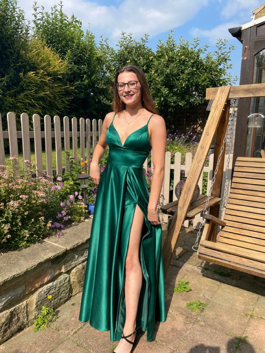 Vestido de fiesta largo de satén verde con abertura fg4198
