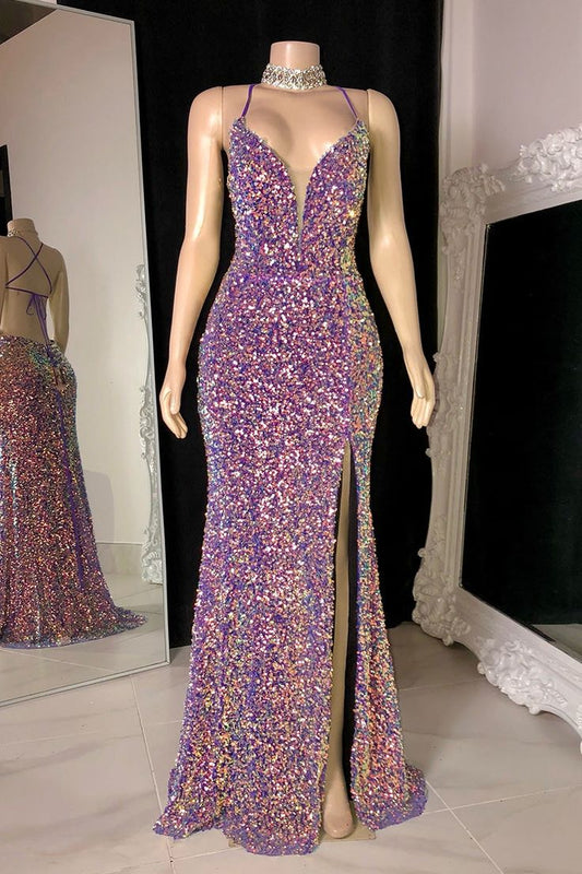 Vestido de fiesta de sirena sin mangas con abertura y tirantes finos y lentejuelas brillantes fg3313