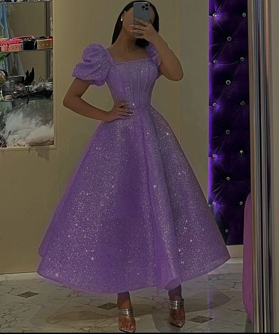 Vestido de fiesta morado de tul con lentejuelas y corte en A, vestido formal morado fg3402