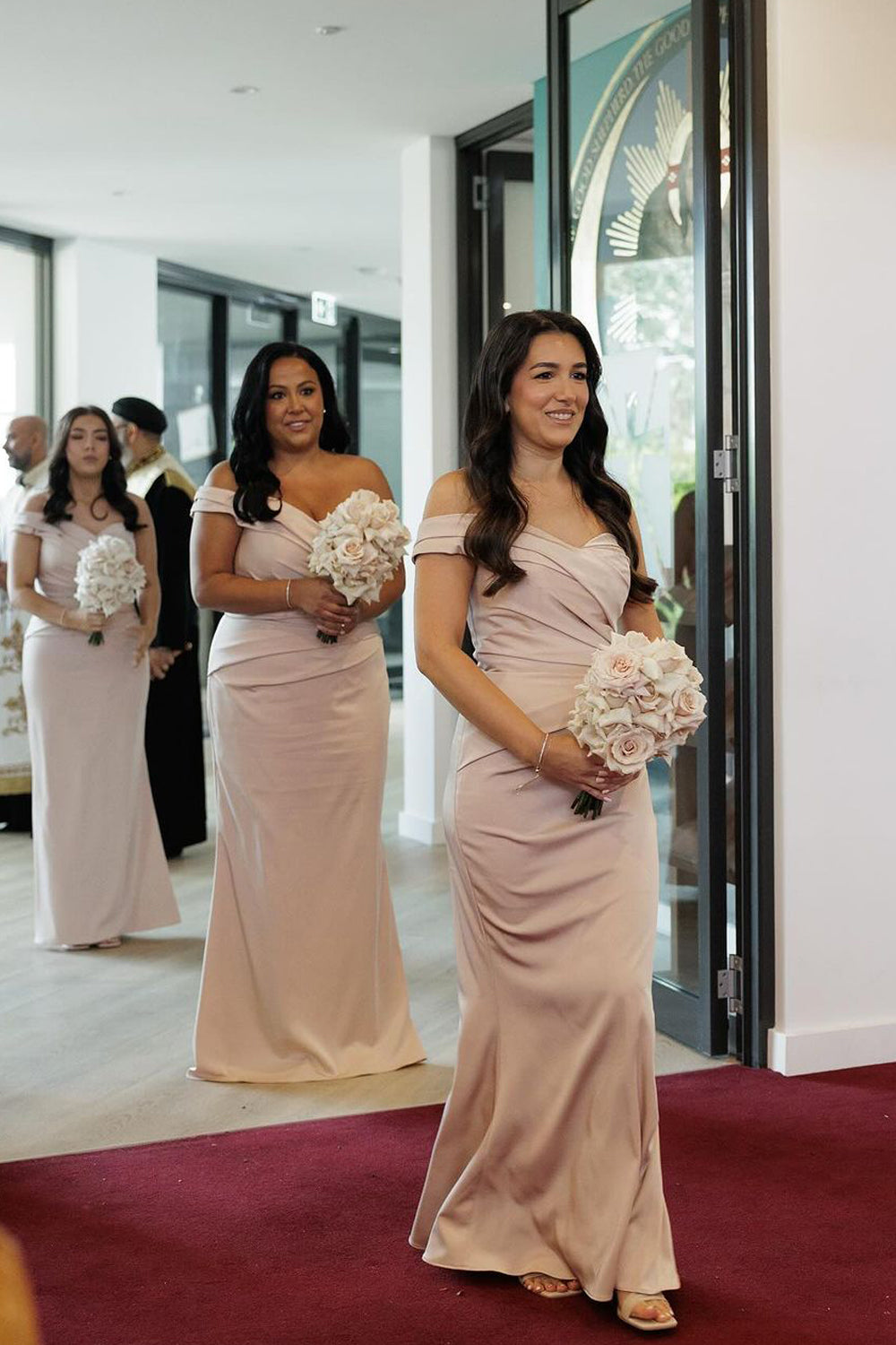 Elegant Mermaid Off the Shoulder Blush Elastic Satin Long Bridesmaid Dresses VK24112203
