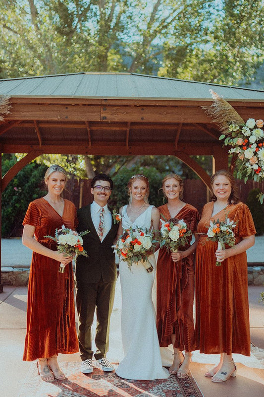 Elegant Sheath V Neck Rust Red Velvet Long Bridesmaid Dresses VK24101708