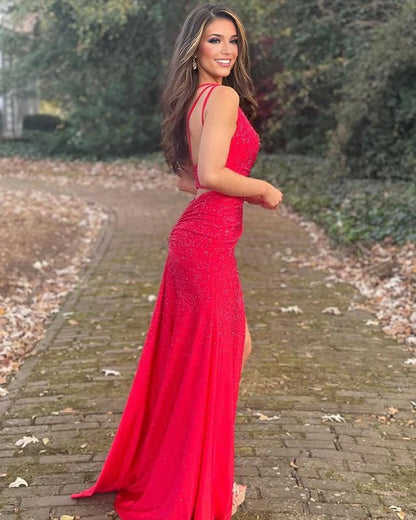 Celine | Vestido de fiesta de jersey con cuentas, escote sirena y un hombro y abertura