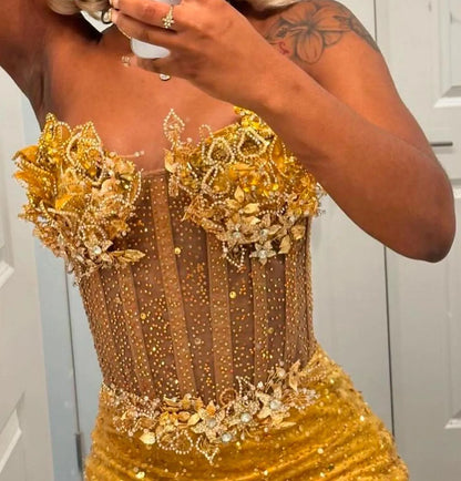 Vestido de fiesta de sirena dorado, vestido formal de noche, fiesta de cumpleaños, vestidos de compromiso fg7444
