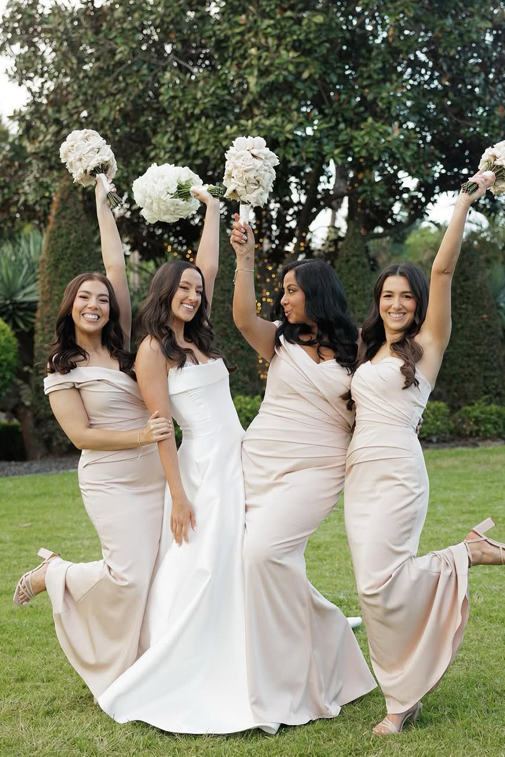 Elegant Mermaid Off the Shoulder Blush Elastic Satin Long Bridesmaid Dresses VK24112203