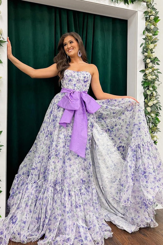 Elegantes vestidos de fiesta largos sin tirantes de gasa con estampado floral y abertura