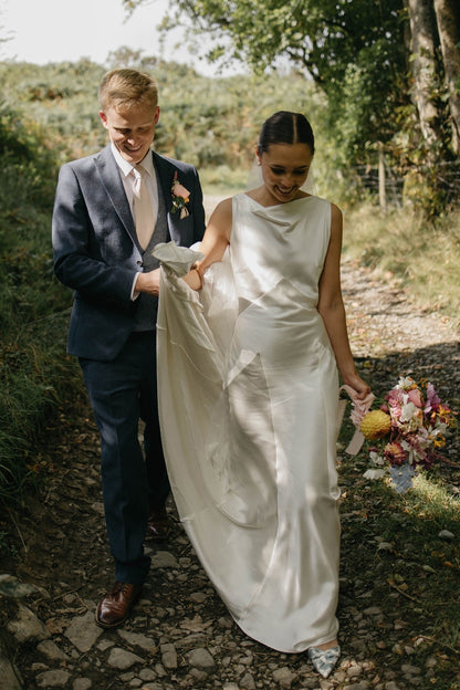Chic Sheath Boat Neck Silk Satin Wedding Dresses