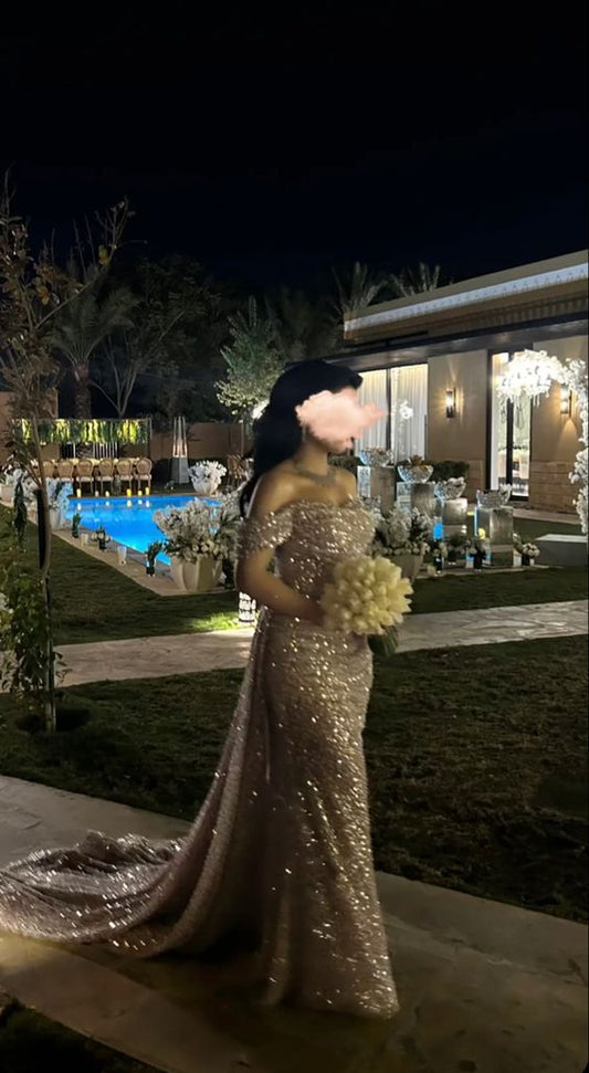 Hermoso vestido de novia árabe, vestido de fiesta con lentejuelas y hombros descubiertos, vestido de sirena para fiesta de graduación