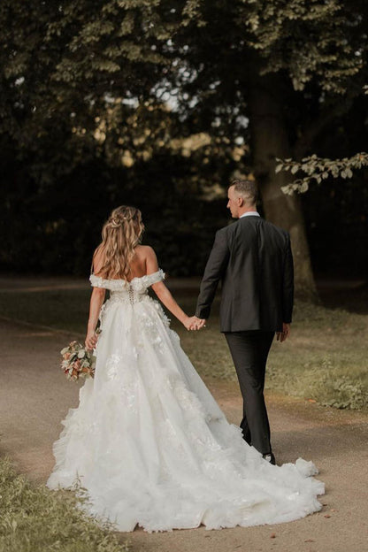 Ball Gown Off the Shoulder Lace Tulle Slit Wedding Dresses with Appliques