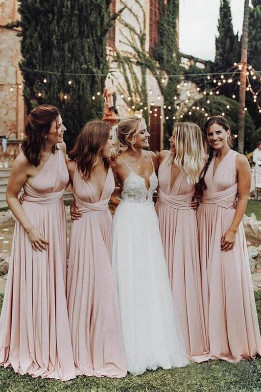 Elegant Light Pink Elastic Satin Floor Length Long Bridesmaid Dress VK0310005