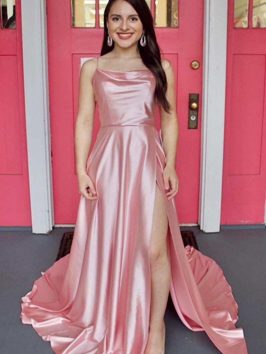 Araya | Vestido de fiesta de satén con escote vuelto y abertura en forma de A