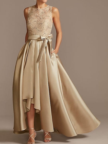 A-Line/Princess Jewel Neck Sleeveless Asymmetrical Mother Of The Bride Dresses With Pleats