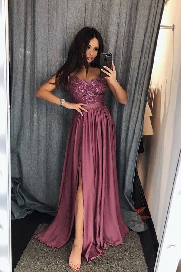 A-Line Spaghetti Straps Gray Long Prom Dress with Lace Sequins PSK029