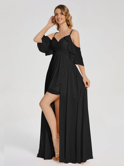 Vestido de fiesta de gasa con volantes y hombros descubiertos