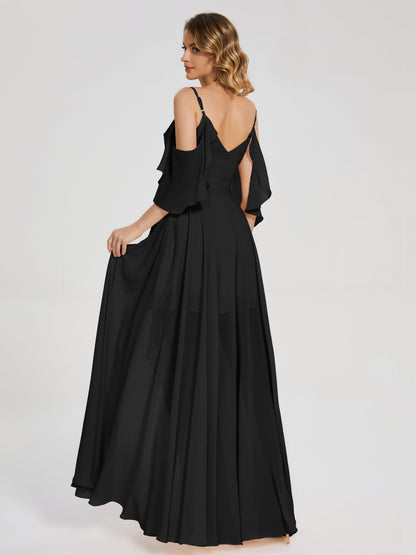 Vestido de fiesta de gasa con volantes y hombros descubiertos