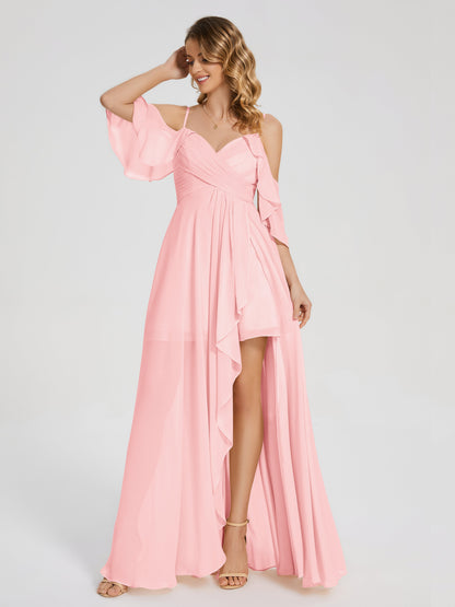 Vestido de fiesta de gasa con volantes y hombros descubiertos