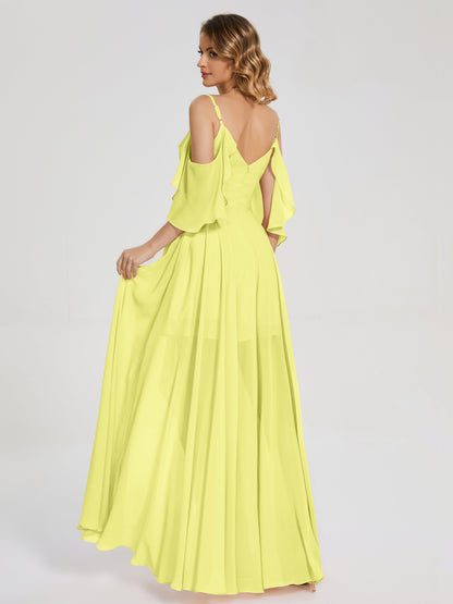 Vestido de fiesta de gasa con volantes y hombros descubiertos