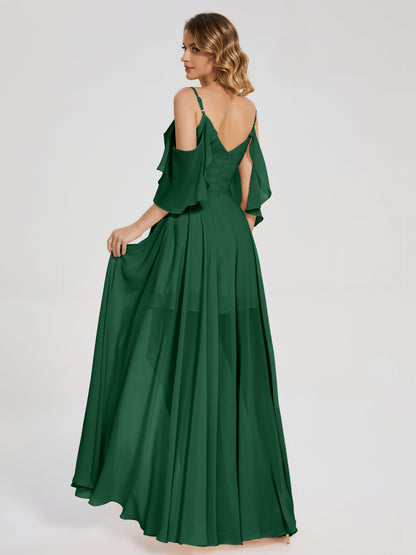 Vestido de fiesta de gasa con volantes y hombros descubiertos
