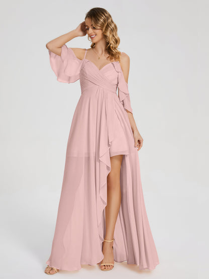 Vestido de fiesta de gasa con volantes y hombros descubiertos
