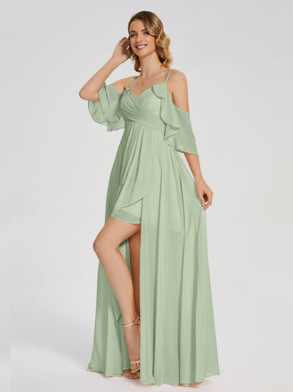Vestido de fiesta de gasa con volantes y hombros descubiertos