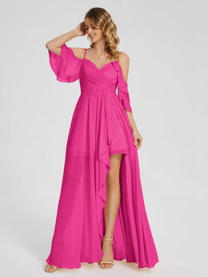 Vestido de fiesta de gasa con volantes y hombros descubiertos