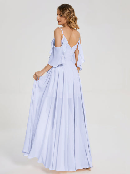 Vestido de fiesta de gasa con volantes y hombros descubiertos